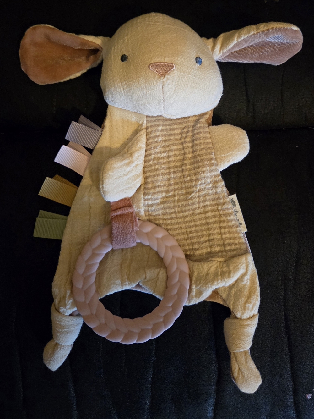 EUC Itzy Ritzy Beige & Pink Bunny Rabbit Lovey Teether Crinkle Ribbons Baby Toy